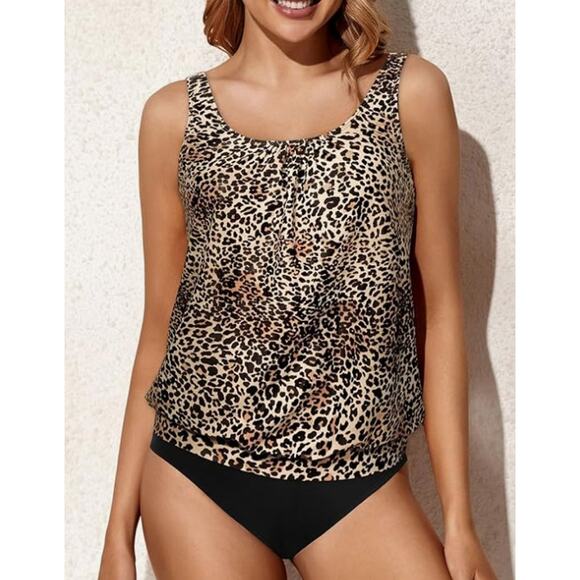 Yonique Leopard Blouson Adjustable Straps Swimsuit Tankini Top NWT Size 18W - Picture 1 of 10
